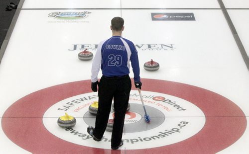 MIKE.DEAL@FREEPRESS.MB.CA 110209 - Wednesday, February 09, 2011 - Skip Rob Fowler from the Brandon Curling Club during the 12:15 draw on the first day of the Safeway Championship in Beausejour, Manitoba. See Paul Wiecek story. MIKE DEAL / WINNIPEG FREE PRESS