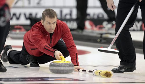 MIKE.DEAL@FREEPRESS.MB.CA 110210 - Thursday, February 10, 2011 - Competitors during the 12:15 draw on the first day of the Safeway Championship in Beausejour, Manitoba. Skip Jeff Stoughton throws a rock. See Paul Wiecek story. MIKE DEAL / WINNIPEG FREE PRESS