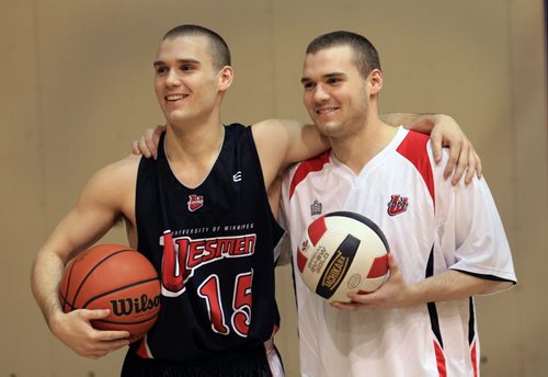 JOE.BRYKSA@FREEPRESS.MB.CA Sports-(See Ashley's story)- Nick Lother, left and his twin brother Dan's athletic playing days are coming to a end at the University Of Winnipeg in basketball and volleyball- see feature- Feb 15, 2011- JOE BRYKSA/WINNIPEG FREE PRESS