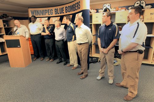 JOE.BRYKSA@FREEPRESS.MB.CA Sports - ( see Ed's story)- Bombers Head coach Paul LaPolice , left introduces his new coaching staff L to R  -Richard Harris - Assistant coach/Defensive Line, Jamie Barresi/Offesive Coordinator,Tim Burke/Defensive Coordinator,Kyle Walters/Special Teams, Chris Wieshan/Receivers Coach, Casey Creehan/Linebackers , and Pat DelMonaco/Offesive Line Coach- JOE BRYKSA/WINNIPEG FREE PRESS- Feb 22, 2011