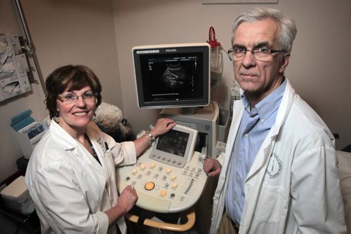 MIKE.DEAL@FREEPRESS.MB.CA 110224 - Thursday, February 24, 2011 - Karen Letourneau (left) and colleague Keith McDonald (right) both sonographer's at St. Boniface Hospital launched a program which has made a big change in how well Manitoban ultrasound techs are detecting heart defects in infants before they are born. see Melissa Martin story MIKE DEAL / WINNIPEG FREE PRESS