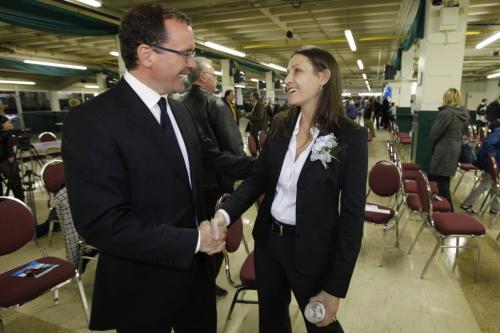 Winnipeg, Manitoba - 110310 - Susan Auch, former speedskater, who beat out David Harper for the PC nomination for the constituency of Assiniboia at a nomination meeting at Assiniboia Downs in Winnipeg Thursday, March 10, 2011 is congratulated by party leader Hugh McFadyen. (John Woods/Winnipeg Free Press