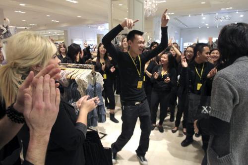 MIKE.DEAL@FREEPRESS.MB.CA 110312 - Saturday, March 12, 2011 - The grand opening of Forever 21 at Polo Park Shopping Centre brought in over one thousand fashionable shoppers. Store staff get into the spirit by dancing to a DJ's music before the doors opened. MIKE DEAL / WINNIPEG FREE PRESS