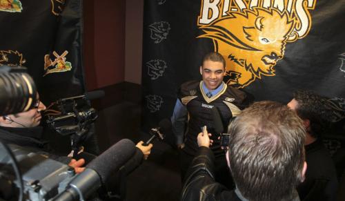MIKE.DEAL@FREEPRESS.MB.CA 110317 - Thursday, March 17, 2011 - Nic Demski from Oak Park High School was one of six high school players who announced their commitment to the Bison football team. MIKE DEAL / WINNIPEG FREE PRESS