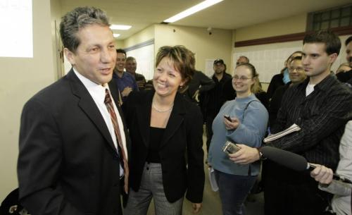 John Woods / Winnipeg Free Press / October 25, 2006 - 061025 - DAn Vandal is congratulated by his wife Brigitte  at his campaign office after election results show that he defeated Magnifico Wednesday Oct 25/06.