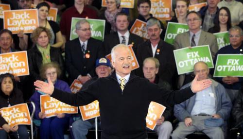 MIKE.DEAL@FREEPRESS.MB.CA 110405 - Tuesday, April 05, 2011 - Jack Layton leader of the NDP made a rally stop at the Ukrainian Labour Temple in Winnipeg's North End early tuseday evening to help Winnipeg-North NDP candidate Rebecca Blaikie. MIKE DEAL / WINNIPEG FREE PRESS