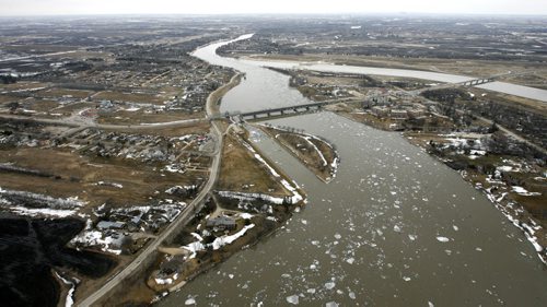 MIKE.DEAL@FREEPRESS.MB.CA 110408 - Friday, April 08, 2011 - The Red River flyover north of Winnipeg during the 2011 Flood. The floodway gates on the Red River in Lockport, MB. MIKE DEAL / WINNIPEG FREE PRESS