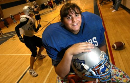 PHIL HOSSACK / WINNIPEG FREE PRESS 061031 OAK PARK RAIDER OFFENSIVE LINEWOMAN, Christine O'Donnell poses at a tean workout Tuesday in the school's gym. See Chris Cariou's tale.