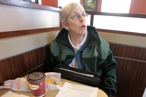 MIKE.DEAL@FREEPRESS.MB.CA 110413 - Wednesday, April 13, 2011 - Tim Hortons at 1877 Portage Ave Karen Toole, a Provincial Employee, lives in the Charleswood--St. James--Assiniboia riding. See Tammy Karatchuk story. MIKE DEAL / WINNIPEG FREE PRESS