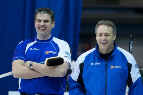 FREE USE PHOTOCAPTION:Brandon's Allan Lyburn (left) and new teammate Pierre Charette of Gatineau, Quebec share a laugh during men's quarterfinal action at the 2011 GP Car and Home Players' Championship at the Crystal Centre in Grande Prairie, Alberta. Charette, the World Curling Tour president, was pressed into service when Brandon skip Rob Fowler fell and dislocated his shoulder in the previous qualifying draw. The makeshift Fowler foursome lost 6-5 to Sweden's Niklas Edin.CREDIT:Anil Mungal / Capital One
