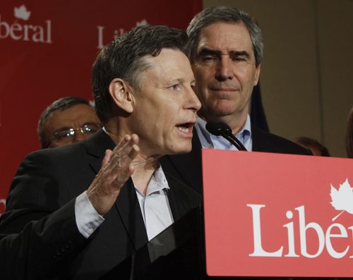 WAYNE.GLOWACKI@FREEPRESS.MB.CA  At left, Terry Duguid Liberal candidate for Winnipeg South and Liberal Leader Michael Ignatieff with Manitoba Liberal candidates at a press conference Tuesday morning. Larry Kusch story.  Winnipeg Free Press April 19  2011