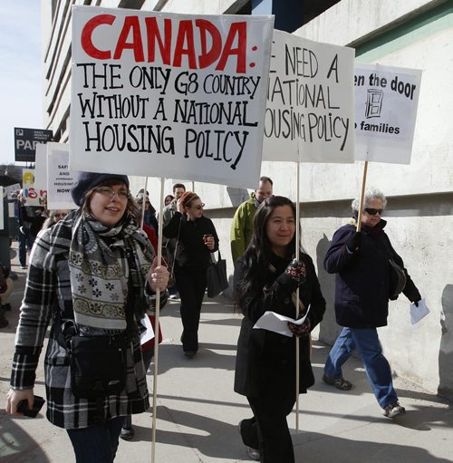 KEN GIGLIOTTI / WINNIPEG FREE PRESS / APRIL 19 2011 - Aldo Santin story-  The Red Tent  Campaign  March for Housing was held  in downtown Wpg  at 10 am organized  by a coalition of housing advocacy organizations  that include Right to Housing Coalition in MB , the group wants more affordable and social housing. they started their walk at the  Norquay Bldg