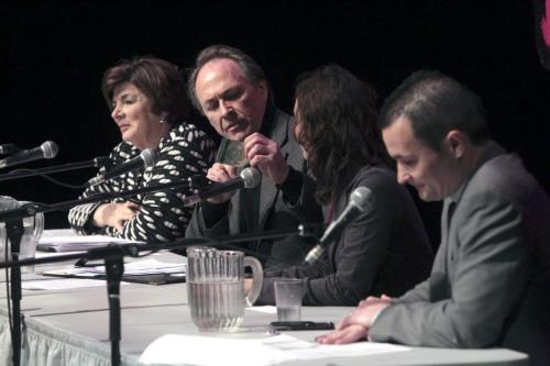 MIKE.DEAL@FREEPRESS.MB.CA 110420 - Wednesday, April 20, 2011 - A federal election arts-and-culture forum featuring candidates from the four main parties was held over the lunch-hour at the Manitoba Theatre for Young People. (l-r) candidates Liberal Anita Neville, NDP Pat Martin, Green Denali Enns and Conservative Rod Bruinooge. MIKE DEAL / WINNIPEG FREE PRESS