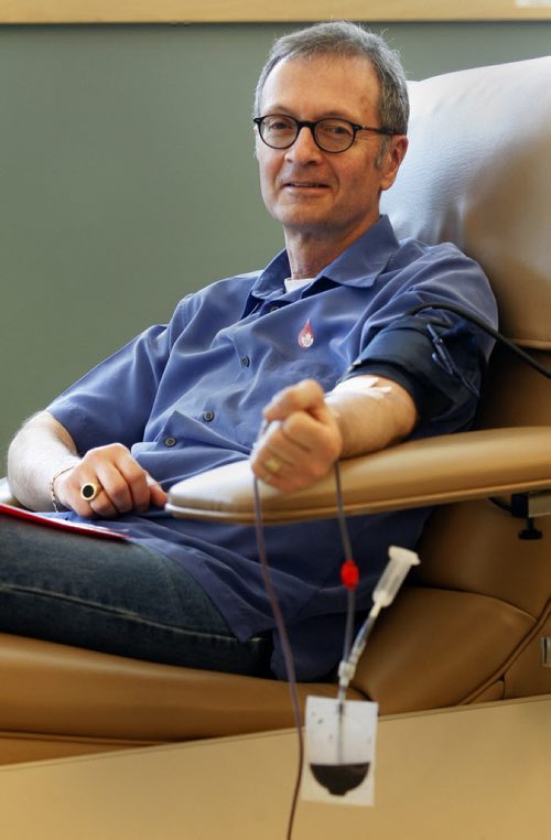 KEN GIGLIOTTI / WINNIPEG FREE PRESS / May 3 2011 - Free Press night photo editor Jeff de Booy makes his 150th whole blood donation  at Canadian Blood Services Tuesday - de Booy is a type O- (negative) universal donor  and his blood can be used by people with  all blood  types. He has been donating for the last 41 years . Jeff's  blood type is the rarest of all the type as only 7% of  the populate  have Type O- .