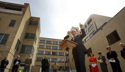 WAYNE.GLOWACKI@FREEPRESS.MB.CA  Premier Greg Selinger at podium, makes an announcement outside the Misericordia Health Centre near the site  where a new two-storey facility will be built to house an eye-care centre, a diagnostic centre and a program to care for the elderly.  see   Larry Kusch story  Winnipeg Free Press May 4  2011