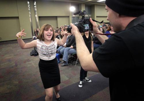 MIKE.DEAL@FREEPRESS.MB.CA 110507 - Saturday, May 07, 2011 -  Craig McKay The Next Star web production coordinator shoots some video of Kristina Gjergji, 11, from Winnipeg prior to auditions. Over 370 kids aged 15 and under auditioned for YTV's The Next Star competition at the Winnipeg Convention Centre. Some of the kids arrived before 4am to get in line to register. MIKE DEAL / WINNIPEG FREE PRESS