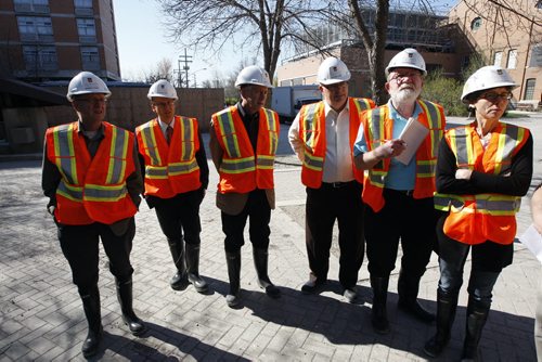 KEN GIGLIOTTI / WINNIPEG FREE PRESS / May 17 2011 - Gerald Flood and Editorial Board tour of UofM  construction and reno .In pic ten story New Pembina Hall Residence under construction - WFP editorial board cks out  UofM  construction- ltor - Morley Walker  , uofm 's John Danakas , Dave O'Brien , UofM President David Barnard , Gerald Flood , Catherine Mitchell