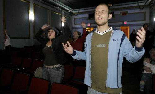 John Woods / Winnipeg Free Press / November 11, 2006 - 061111  - Thomas Mecher and Lora Peters were on hand to celebrate and pray at a service Harry Lehotsky's life at the theatre on Ellice Saturday Nov 11/06.