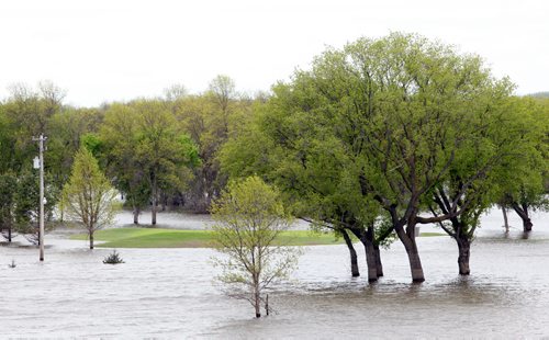Brandon Sun 30052011 A touch of green grass pokes up from the floodwaters at Wheat City Golf Course on Monday as the Assiniboine River slowly recedes. (Tim Smith/Brandon Sun)