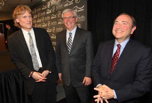 JOE.BRYKSA@FREEPRESS.MB.CASports-( See story- ) David Thomson , left, Premier Greg Selinger, and   NHL commisioner Gary Bettman after the announcement of the  NHL is returning to Winnipeg- JOE BRYKSA/WINNIPEG FREE PRESS- May 31, 2011