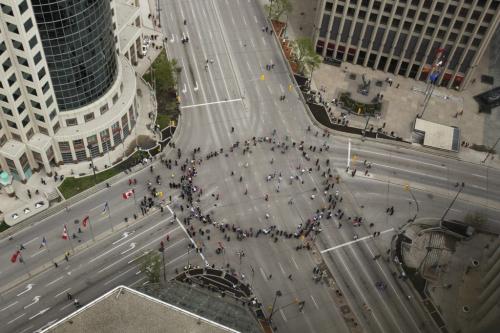 BORIS.MINKEVICH@FREEPRESS.MB.CA   BORIS MINKEVICH / WINNIPEG FREE PRESS 110531 Portage and Main. NHL Hockey coming to Winnipeg. From the 30th floor of the Grain Exchange Building.