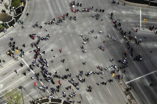 BORIS.MINKEVICH@FREEPRESS.MB.CA   BORIS MINKEVICH / WINNIPEG FREE PRESS 110531 Portage and Main. NHL Hockey coming to Winnipeg. From the 30th floor of the Grain Exchange Building.