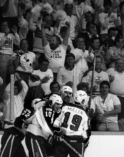 Winnipeg Free Press /WAYNE GLOWACKI / APRIL 16 1987 - Jets  playoff series with Calgary - fans cheer wildly as Jet celbrate goal  at Wpg Arena - Photo Book Project - Wpg Winnipeg Jets Hockey Club - NHL National Hockey League return -  ( kgjets brings up all Wpg Jets recovered photos in Merlin new book project pics will have slug newjets  for archive pics put in after june 7 2011 )  photos cannot be  published without written permission from the Winnipeg Free Press and credit must include  the Winnipeg Free Press and photographer with each photo - photo entered june 9 2011