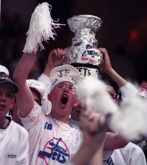 Winnipeg Free Press / KEN GIGLIOTTI / APRIL 24 1992 - Jets crazy playoff fans in search of a Stanley Cup during playoff series with Canucks   - Photo Book Project - Wpg Winnipeg Jets Hockey Club - NHL National Hockey League return -  ( kgjets brings up all Wpg Jets recovered photos in Merlin new book project pics will have slug newjets  for archive pics put in after june 7 2011 )  photos cannot be  published without written permission from the Winnipeg Free Press and credit must include  the Winnipeg Free Press and photographer with each photo