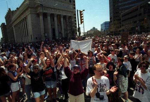 Winnipeg Free Press / WAYNE GLOWACKI / MAY 18 1995 -  COLOUR PIC -SAVE THE   Jets  rally attracked hundreds at Portage and Main St , day after day of rallies and marches  continue- Photo Book Project - Wpg Winnipeg Jets Hockey Club - NHL National Hockey League return -  ( kgjets brings up all Wpg Jets recovered photos in Merlin new book project pics will have slug newjets  for archive pics put in after june 7 2011 )  photos cannot be  published without written permission from the Winnipeg Free Press and credit must include  the Winnipeg Free Press and photographer with each photo -