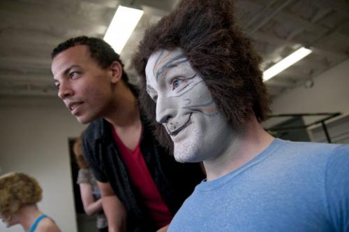 HADAS.PARUSH@FREEPRESS.MB.CA - Performer Carson Nattrass, right, practices his cat growls with director, Ray Hogg left, after applying his character makeup backstage on Tuesday, June 14, 2011. The Cats musical will be presented by the Rainbow Stage in Kildonan Park, opening on June 21. HADAS PARUSH / WINNIPEG FREE PRESS, JUNE 14, 2011.