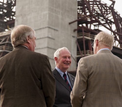 HADAS.PARUSH@FREEPRESS.MB.CA - Governor General David Johnston (center) is welcomed by President and CEO of the Canadian Museum for Human Rights, Stuart Murray (right), and Chief of Protocol, Dwight Mcaughley, before taking a tour of the construction site of the new museum on Friday, June 17, 2011. HADAS PARUSH / WINNIPEG FREE PRESS, JUNE 17, 2011. CMHR