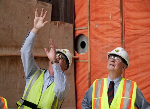 HADAS.PARUSH@FREEPRESS.MB.CA - Governor General David Johnston (right) surveys construction on the Canadian Museum for Human Rights with construction manager, Todd Craigen (left) on Friday, June 17, 2011. HADAS PARUSH / WINNIPEG FREE PRESS, JUNE 17, 2011. CMHR