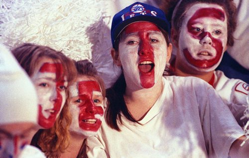 Winnipeg Free Press / Phil Hossack / April  23 1993 - Jest fans  at Vancouver vs   Jets  playoff white out - Photo Book Project - Wpg Winnipeg Jets Hockey Club - NHL National Hockey League return -  ( kgjets brings up all Wpg Jets recovered photos in Merlin new book project pics will have slug newjets ( 147 new photos added June 2011  -  for archive pics put in after june 7 2011) - ***These next Photos slugged newjets2 for photos afterJune 14 20011 )  photos cannot be  published without written permission from the Winnipeg Free Press and credit must include  the Winnipeg Free Press and photographer with each photo -