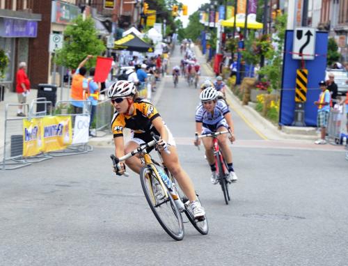 Leah Kirchmann out-races Joelle Numainville of Montreal in the womens elite criterium race  during the 2011 Canadian Road Cycling Championships in Georgetown, Ont. Kirchmann placed first in the 30-lap points race.Rob Jones/www.canadiancyclist.com - for ashley prest story winnipeg free press