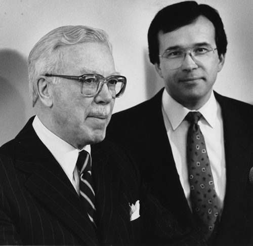 Senator Duff Roblin (Left) was named Friday as the campaign chairman for the Manitoba Progressive Conservatives in the current election campaign. The Announcement was made by Tory leader Gary Filmon (Right). Gerry Cairns photo / Winnipeg Free Press. March 11, 1988.