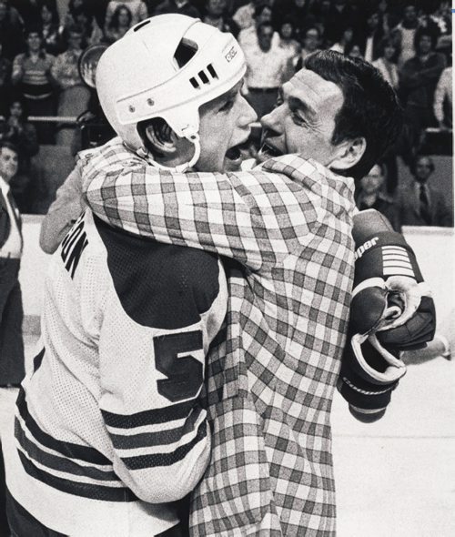 PAUL DELESKE / WINNIPEG FREE PRESS A jubilant coach, Tom McVie, and one of his players, Kim Clackson, celebrate Winnipeg Jets' Avco Cup win. 1979