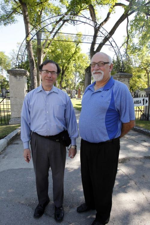 Ian Staniloff, right, and Rabbi Alan Green, left, pose for a photo at the Jewish faith cemetery on Armstrong. July 12, 2011 (BORIS MINKEVICH / WINNIPEG FREE PRESS)