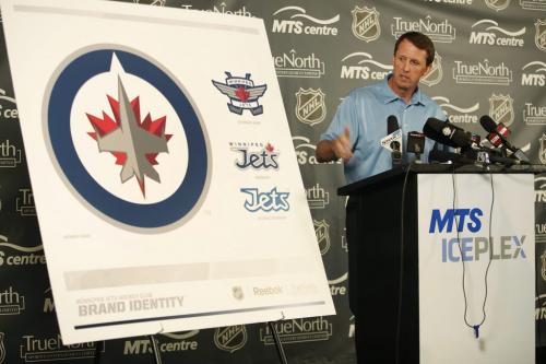 Mark Chipman, owner of the Winnipeg Jets, talks about the team's new logo at a press conference today in Winnipeg, Friday, July 22, 2011.  John Woods/Winnipeg Free Press