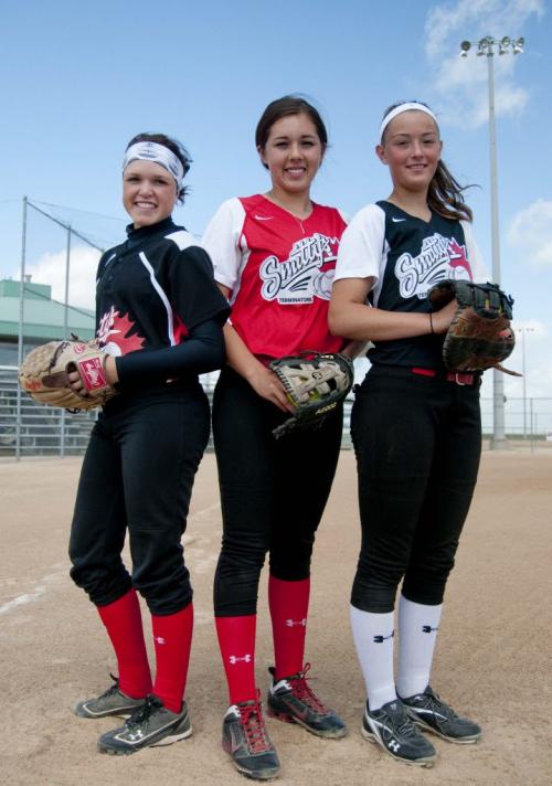 Shortstop second baseman, Makensy Payne, third baseman Haley Studler, and first/second baseman, Olivia Thorleifson will be playing in the Women's national Fast Pitch Championships being held in Winnipeg on August 14-21. Hadas Parush / Winnipeg Free Press