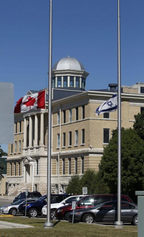 Flags fly at half mast at the Asper Jewish Community Campus. Ruth Miriam (Babs) Asper, one of the great philanthropic leaders in this country, died suddenly July 30, 2011, at St. Boniface Hospital. August 2, 2011 (BORIS MINKEVICH / WINNIPEG FREE PRESS)