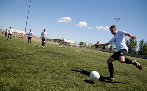 Teammates during soccer training for the Western Canada Summer Games starting this week in Kamloops. Story by Ashley Prest. August 2, 2011. (HADAS PARUSH / WINNIPEG FREE PRESS)