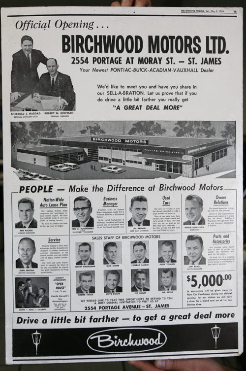 Winnipeg Tribune  advertisement from May 9 1964 Birchwood Motors 2554 Portage  Ave grand opening  featuring Robert Chipman General Mgr  copy photo summited art for Winnipeg Jets book see gord  ( KEN GIGLIOTTI  / WINNIPEG FREE PRESS ) Aug 8 2011