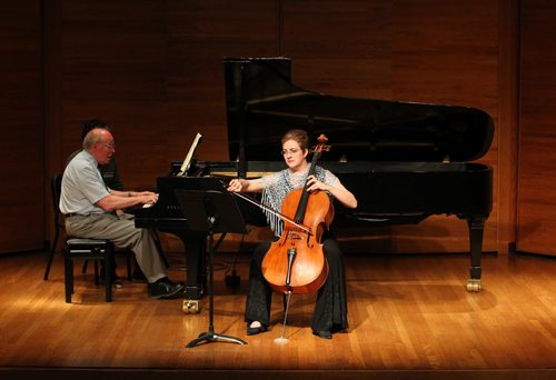 Brandon Sun 08082011 Cellist Laura Jones collaborates with her father Dr. Lawrence Jones on piano for a performance of Beethoven's 12 Variations on a theme from Handel's Judas Maccabeus Wo0 45 to kick off the six-concert Augustfest Homecoming Series at Brandon University's Lorne Watson Recital Hall on Monday evening. Evening concerts beginning at 7:30 run until Saturday. (Tim Smith/Brandon Sun)