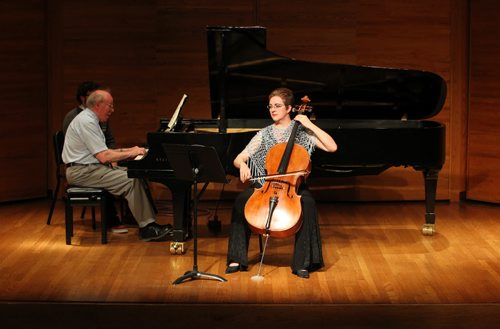 Brandon Sun 08082011 Cellist Laura Jones collaborates with her father Dr. Lawrence Jones on piano for a performance of Beethoven's 12 Variations on a theme from Handel's Judas Maccabeus Wo0 45 to kick off the six-concert Augustfest Homecoming Series at Brandon University's Lorne Watson Recital Hall on Monday evening. Evening concerts beginning at 7:30 run until Saturday. (Tim Smith/Brandon Sun)