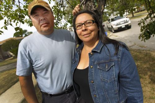 Ed Neveau and his wife Madelain who now live in Hollow Water are photographed in Winnipeg Friday, August 12, 2011. The couple are angry that despite being employed and owning their own home and several vehicles their bank approved loan for $28,000 to finish the landscaping at their home has been turned down because Indian Affairs says they live on a reserve. John Woods/Winnipeg Free Press