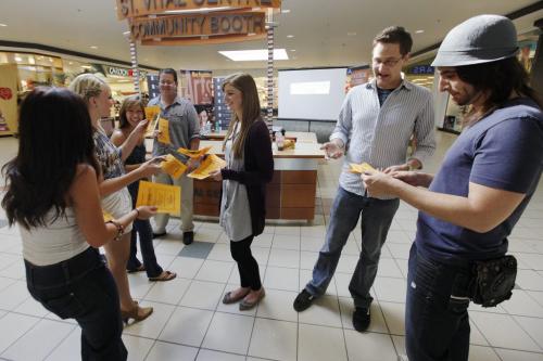University of Manitoba political science students (Lto R) Al Klassen, Suzie De Luca, and Jared Dudar  talk to shoppers at St. Vital Shopping Centre about voting in the upcoming Manitoba election in Winnipeg Friday, August 19, 2011. John Woods/Winnipeg Free Press