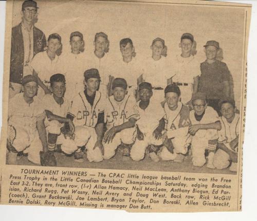 1965 Western Canada Little League Champion Baseball team, reunited on July 28th, 2011. Originally newspaper clipping. See Don Marks story for FYI winnipeg free press