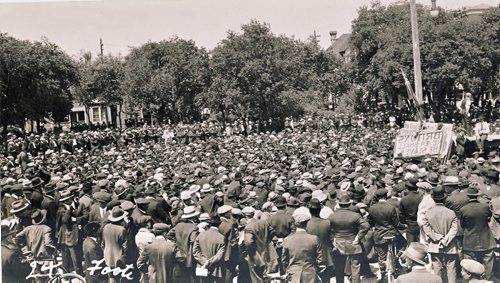 1919 general strike Thousands gather at Victoria Park, just east of City Hall near the banks of the Red River,  the central gathering area for strikers and returning veteran of WW One. Photography by Lewis Benjamin Foote Winnipeg Free Press
Lewis Benjamin Foote fparchive