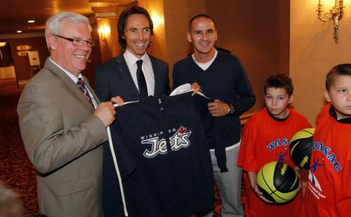 NBA superstar Steve Nash visits with WASAC athletes, Premier Greg Selenger, and NDP candidate Kevin Chief at he Fort Garry Hotel. Nash also recieved the Order of the Buffalo Hunt, Manitoba's highest honorary recognition. Later tonight Nash - a point guard for the NBA's Phoenix Suns - will receive the St. Boniface Hospital Foundation's 2011 International Award in recognition of his many years of humanitarian work..  Sept 12, 2011 (BORIS MINKEVICH / WINNIPEG FREE PRESS)