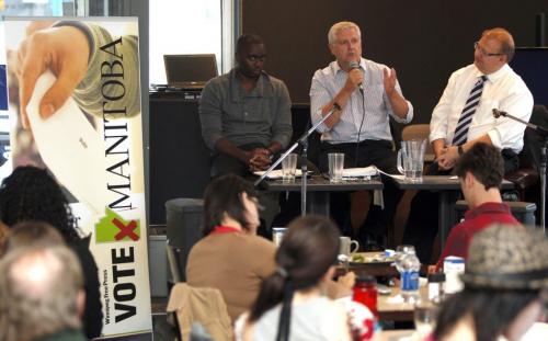 Troy Osiname-Liberal candidate. Grod Mackintosh-NDP. Kelvin Goertzen-PC. At the Winnipeg Free Press News Cafe. Food forum/debate.  Sept 12, 2011 (BORIS MINKEVICH / WINNIPEG FREE PRESS)